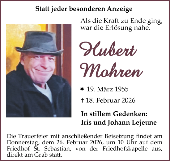 Traueranzeige von Hubert Mohren von Zeitung am Sonntag