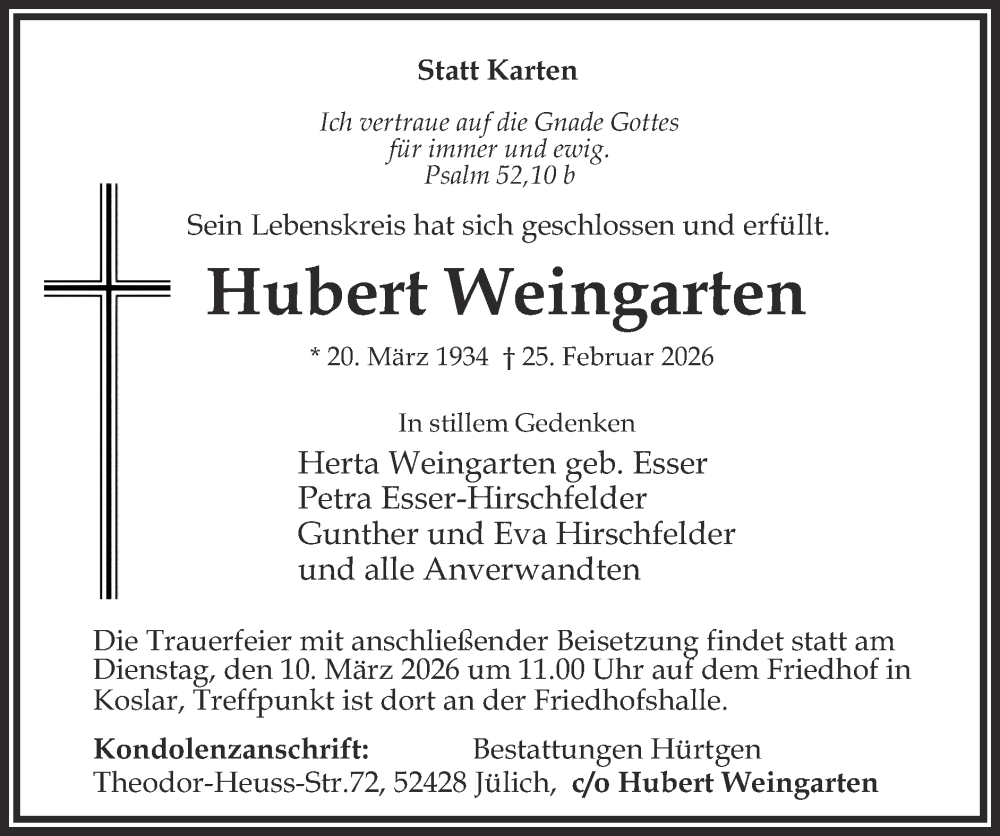  Traueranzeige für Hubert Weingarten vom 01.03.2026 aus Zeitung am Sonntag