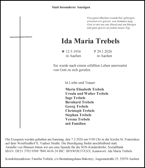 Traueranzeige von Ida Maria Trebels von Aachener Zeitung