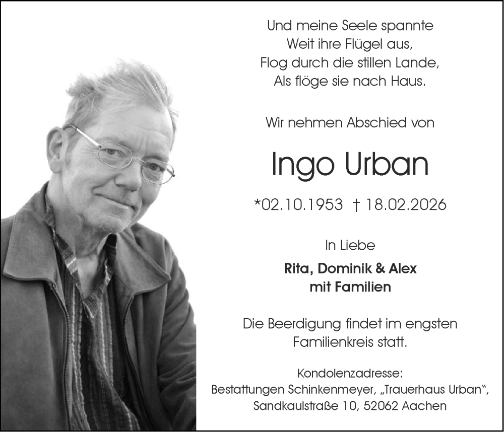  Traueranzeige für Ingo Urban vom 28.02.2026 aus Aachener Zeitung