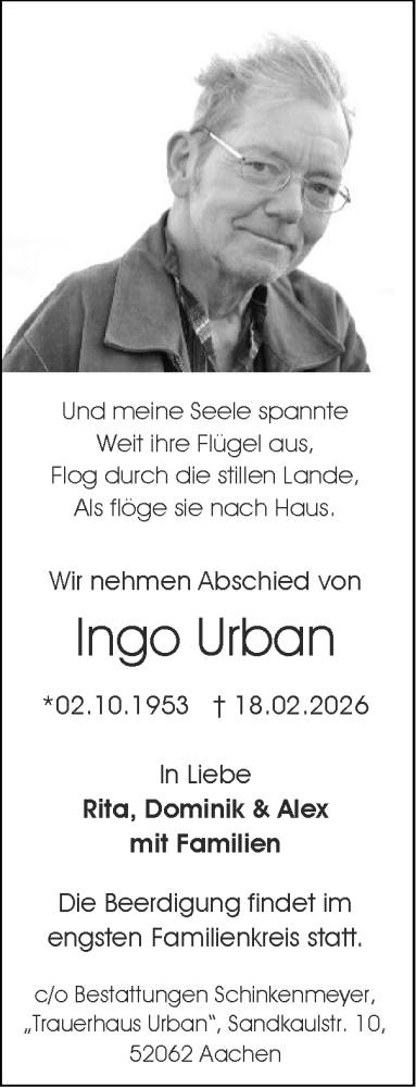  Traueranzeige für Ingo Urban vom 01.03.2026 aus Zeitung am Sonntag