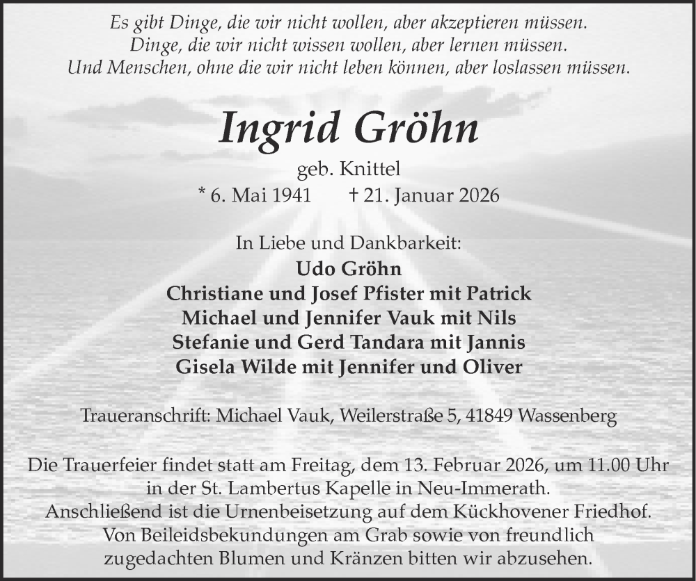  Traueranzeige für Ingrid Gröhn vom 08.02.2026 aus Zeitung am Sonntag