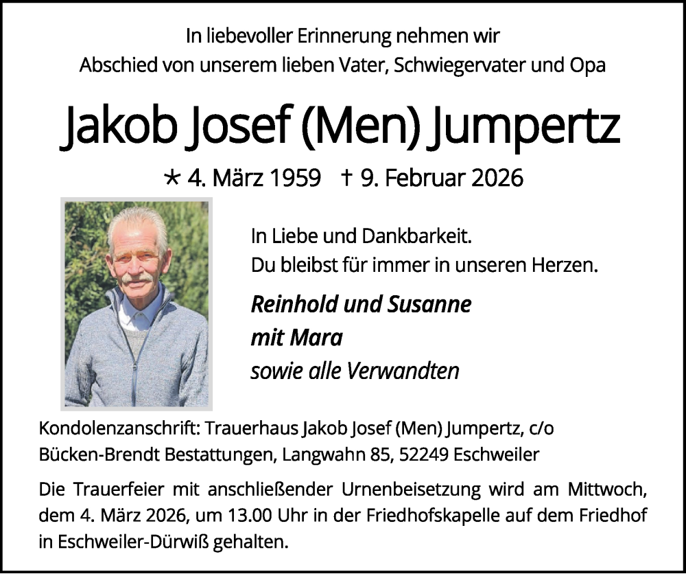  Traueranzeige für Jakob Josef Jumpertz vom 22.02.2026 aus Zeitung am Sonntag