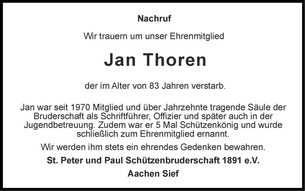  Traueranzeige für Jan Thoren vom 08.02.2026 aus Zeitung am Sonntag