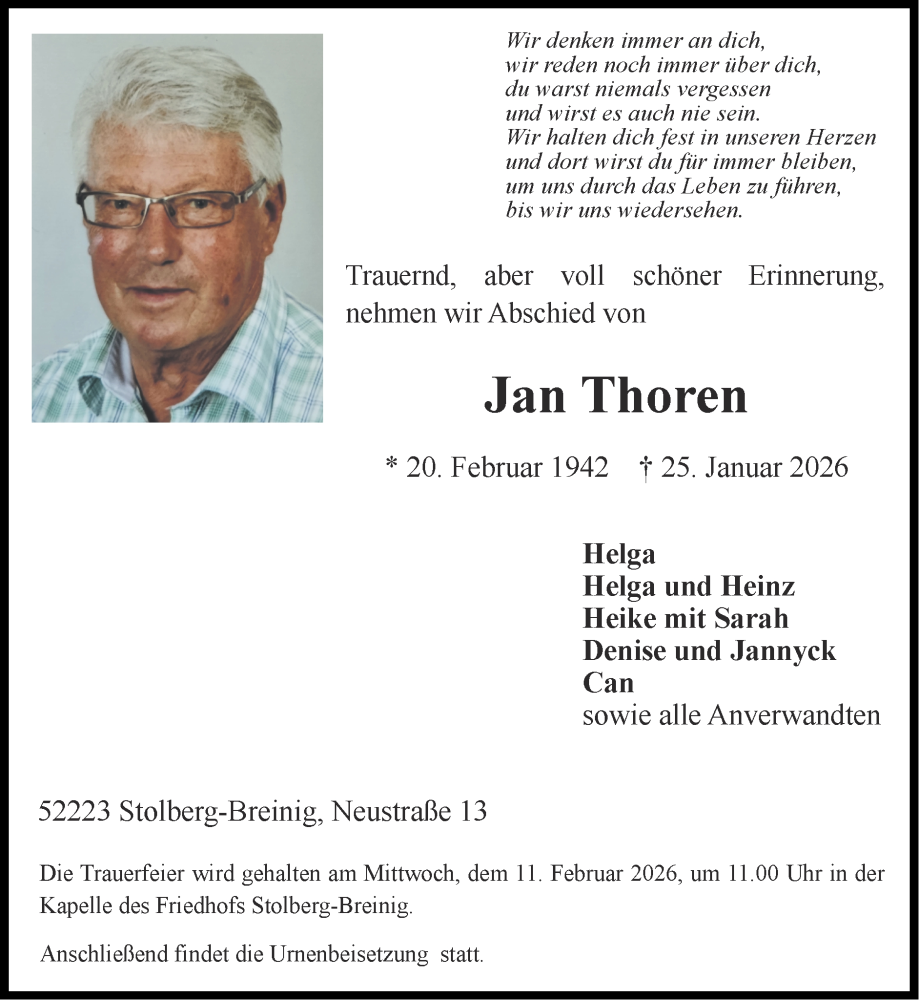  Traueranzeige für Jan Thoren vom 08.02.2026 aus Zeitung am Sonntag