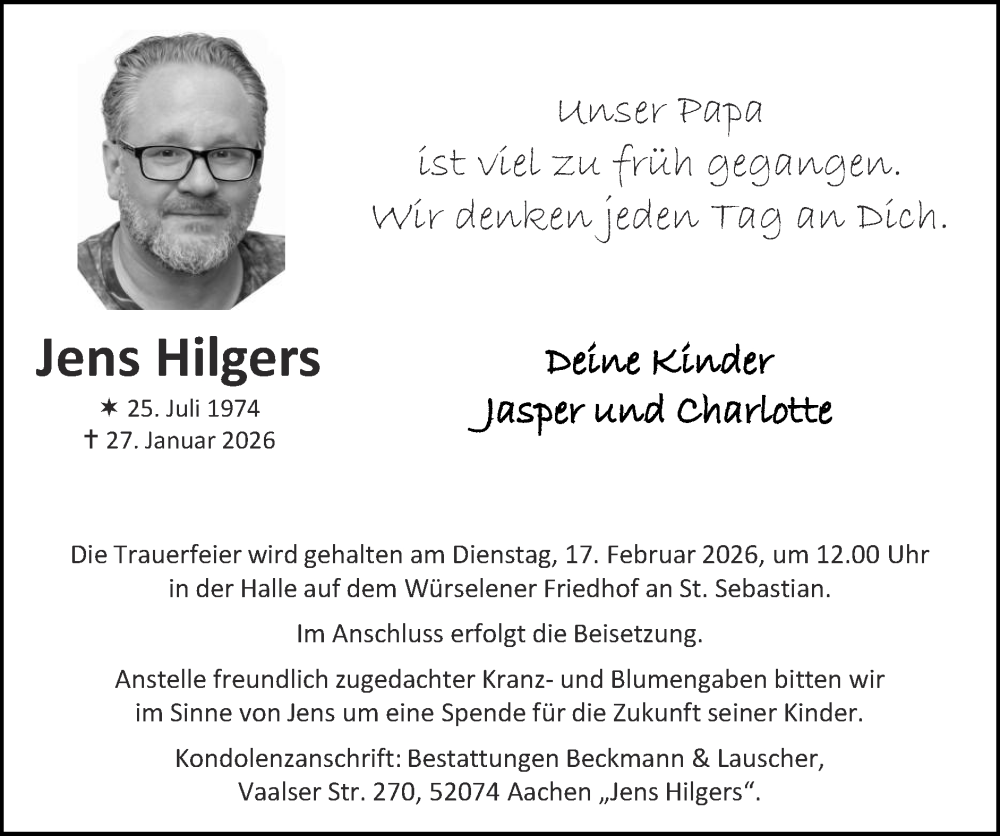 Traueranzeige für Jens Hilgers vom 08.02.2026 aus Zeitung am Sonntag