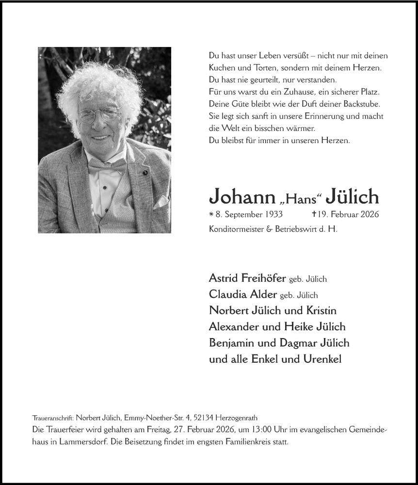 Traueranzeige für Johann Jülich vom 25.02.2026 aus Aachener Zeitung
