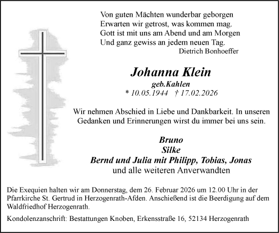 Traueranzeige von Johanna Klein von Zeitung am Sonntag