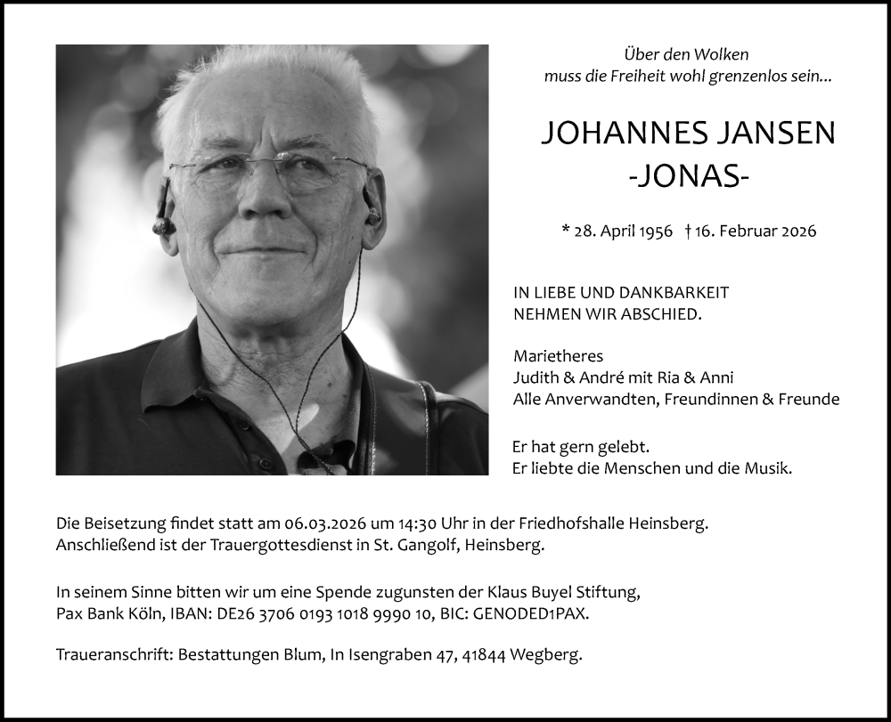 Traueranzeige für Johannes Jansen vom 01.03.2026 aus Zeitung am Sonntag