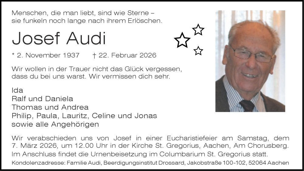  Traueranzeige für Josef Audi vom 28.02.2026 aus Aachener Zeitung