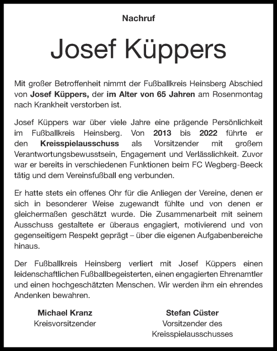 Traueranzeige von Josef Küppers von Zeitung am Sonntag