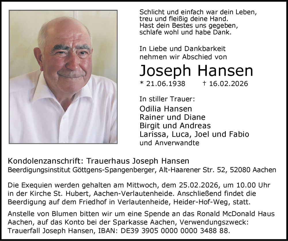  Traueranzeige für Joseph Hansen vom 22.02.2026 aus Zeitung am Sonntag