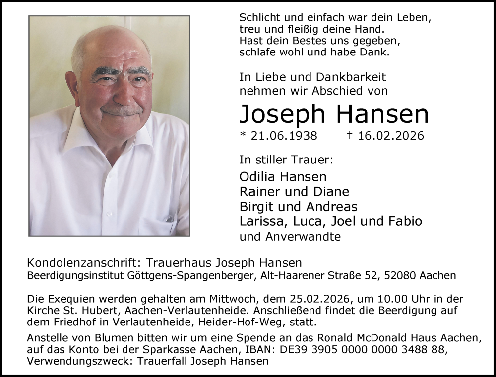  Traueranzeige für Joseph Hansen vom 21.02.2026 aus Aachener Zeitung
