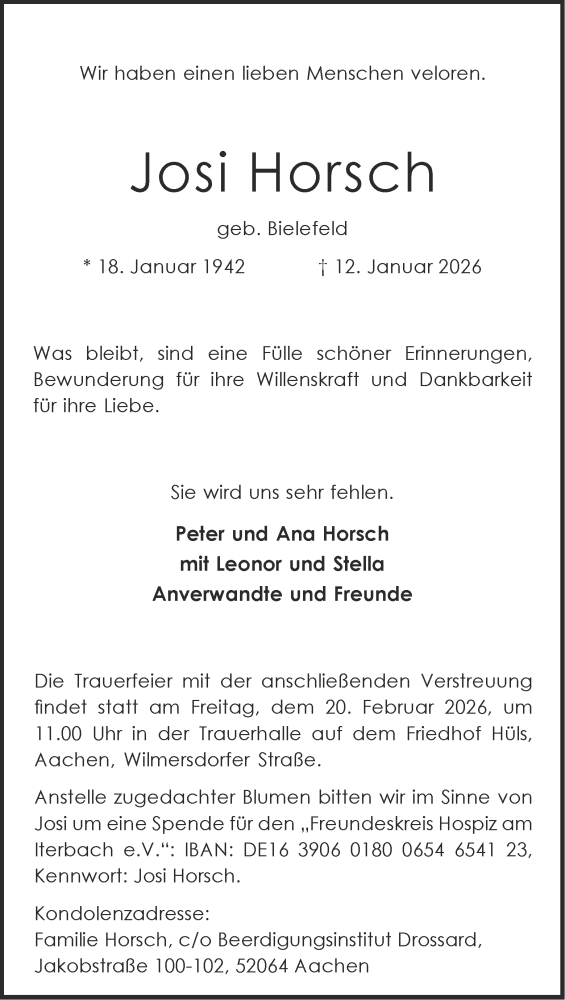  Traueranzeige für Josi Horsch vom 07.02.2026 aus Aachener Zeitung