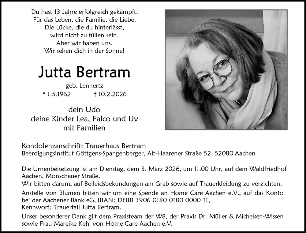  Traueranzeige für Jutta Bertram vom 21.02.2026 aus Aachener Zeitung