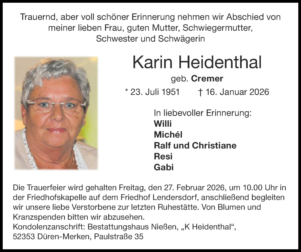  Traueranzeige für Karin Heidenthal vom 22.02.2026 aus Zeitung am Sonntag