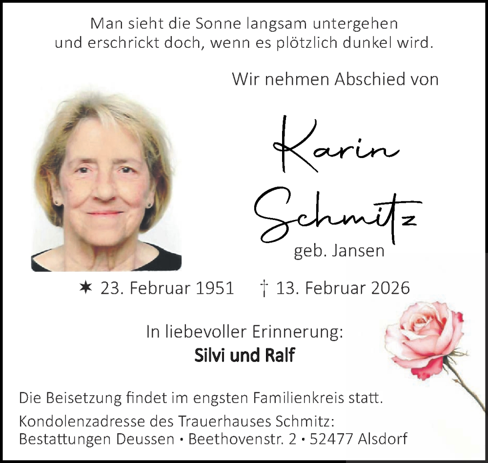  Traueranzeige für Karin Schmitz vom 01.03.2026 aus Zeitung am Sonntag