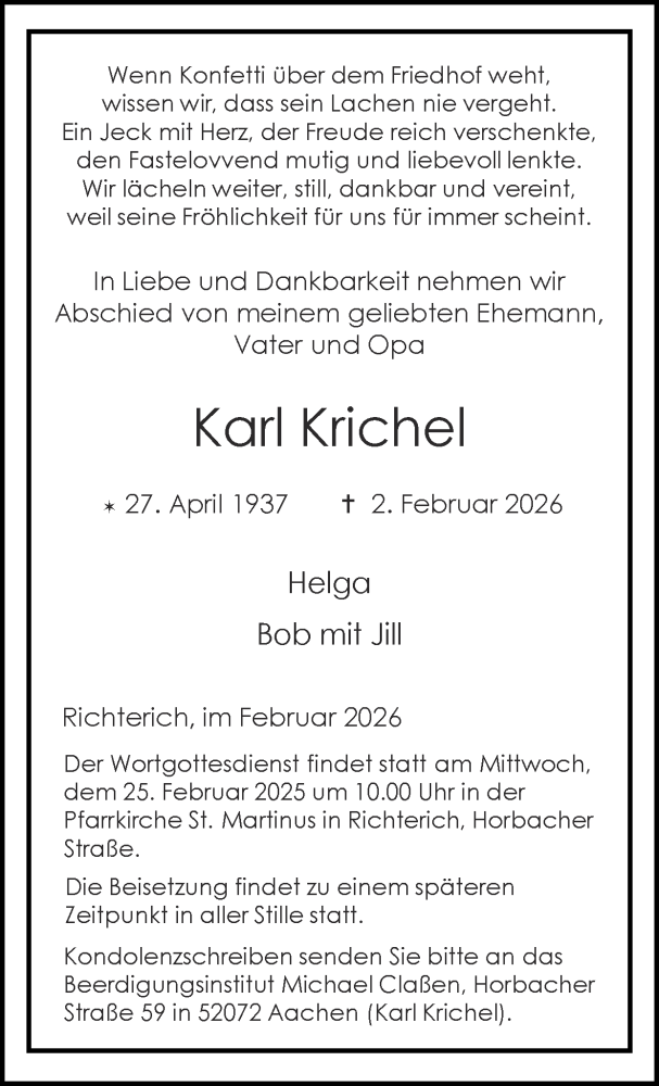  Traueranzeige für Karl Krichel vom 22.02.2026 aus Zeitung am Sonntag