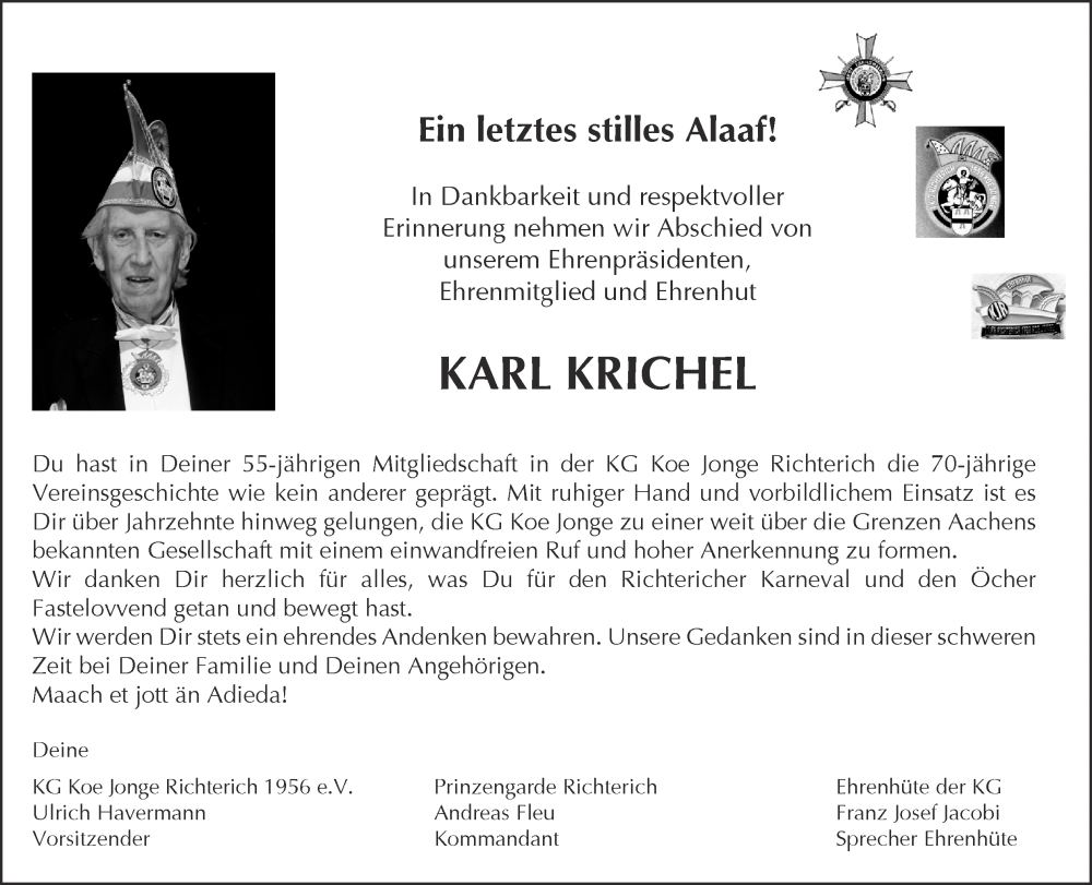  Traueranzeige für Karl Krichel vom 22.02.2026 aus Zeitung am Sonntag