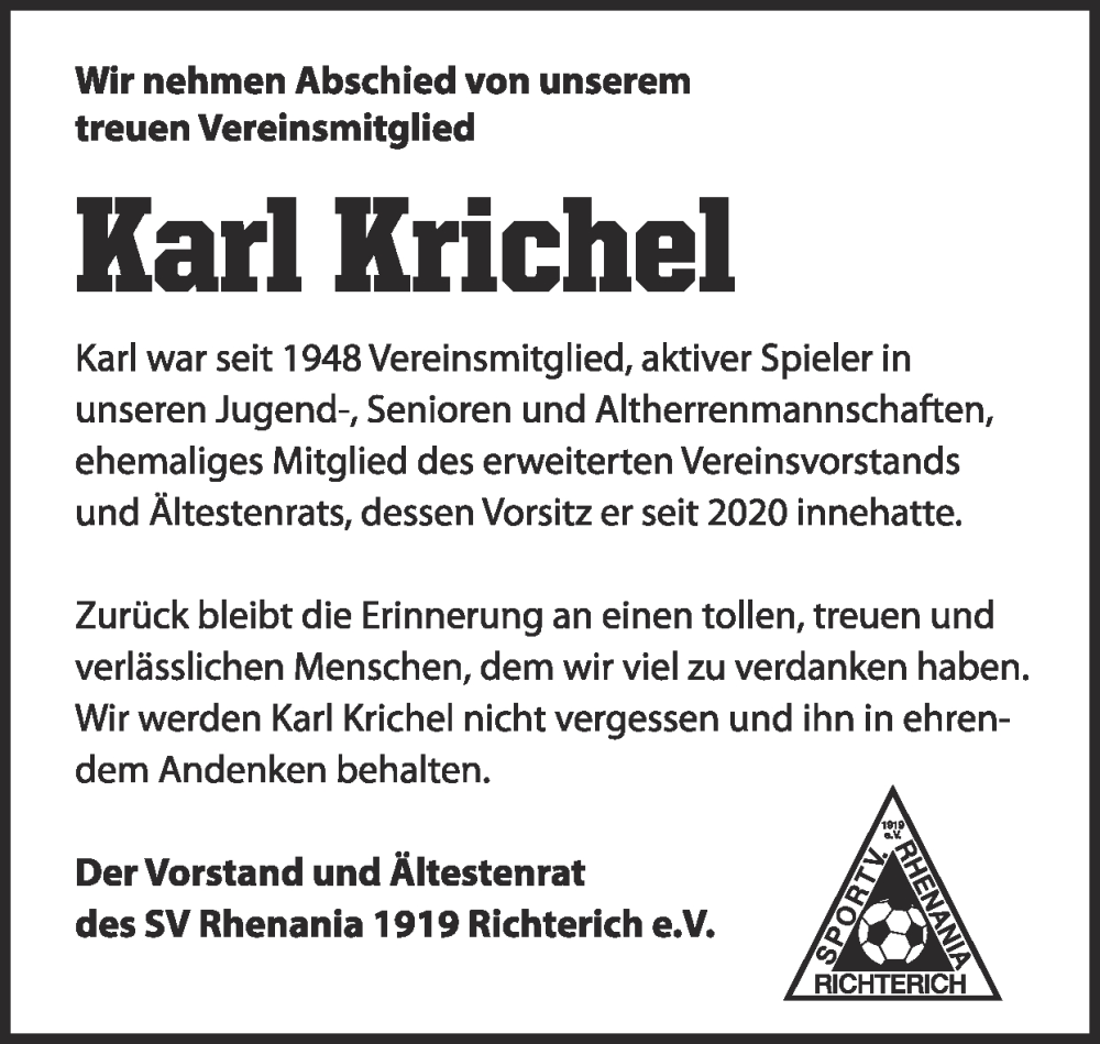  Traueranzeige für Karl Krichel vom 22.02.2026 aus Zeitung am Sonntag