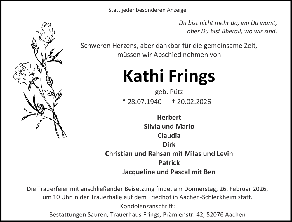  Traueranzeige für Kathi Frings vom 24.02.2026 aus Aachener Zeitung
