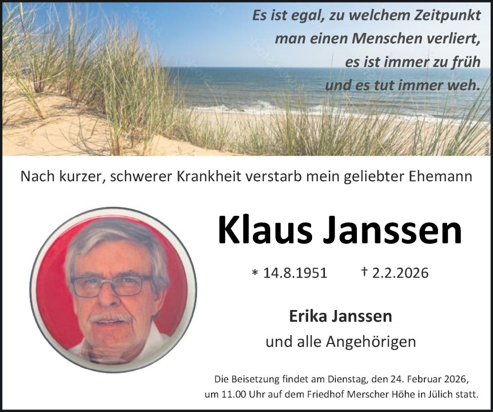  Traueranzeige für Klaus Janssen vom 15.02.2026 aus Zeitung am Sonntag