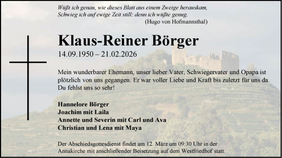 Traueranzeige von Klaus-Reiner Börger von Aachener Zeitung