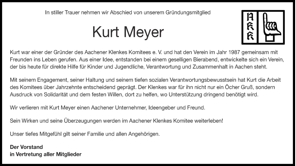  Traueranzeige für Kurt Meyer vom 21.02.2026 aus Aachener Zeitung