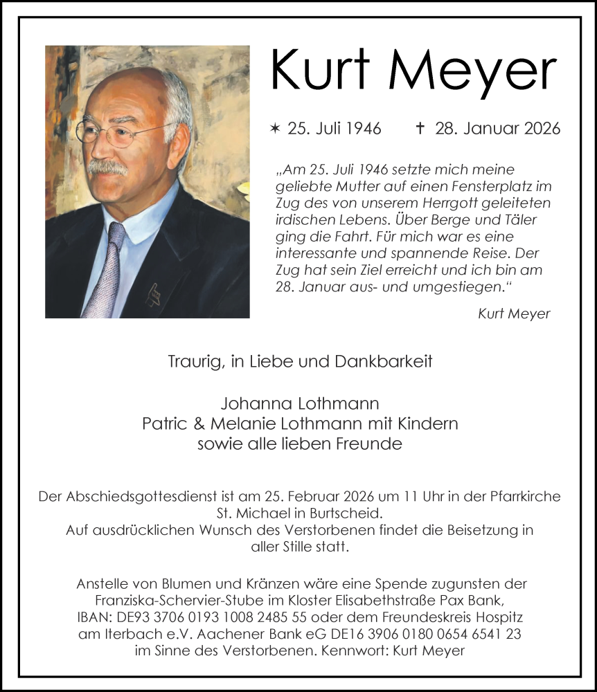  Traueranzeige für Kurt Meyer vom 21.02.2026 aus Aachener Zeitung