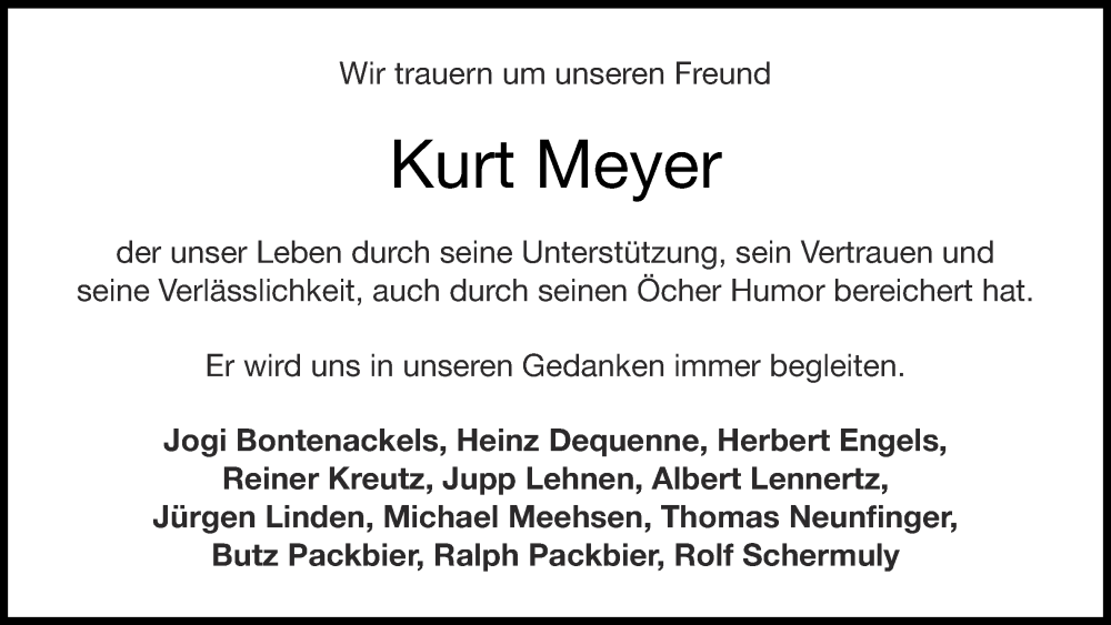  Traueranzeige für Kurt Meyer vom 21.02.2026 aus Aachener Zeitung
