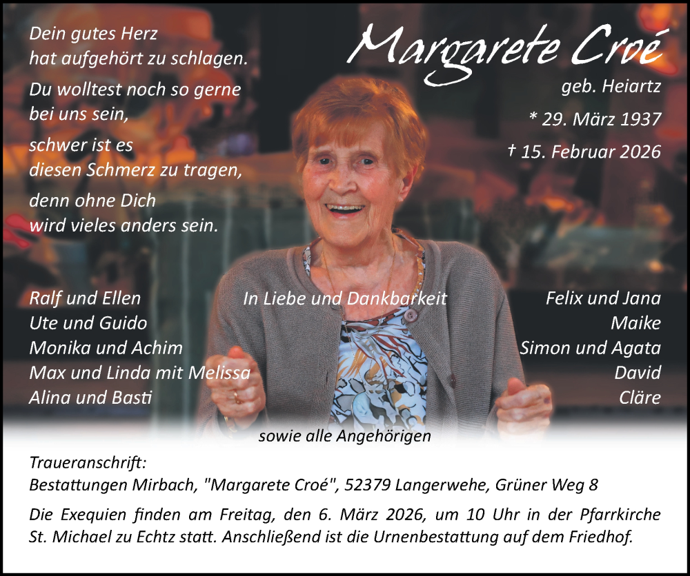  Traueranzeige für Margarete Croé vom 22.02.2026 aus Zeitung am Sonntag