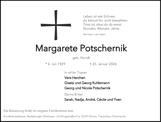 Traueranzeige von Margarete Potschernik von Aachener Zeitung