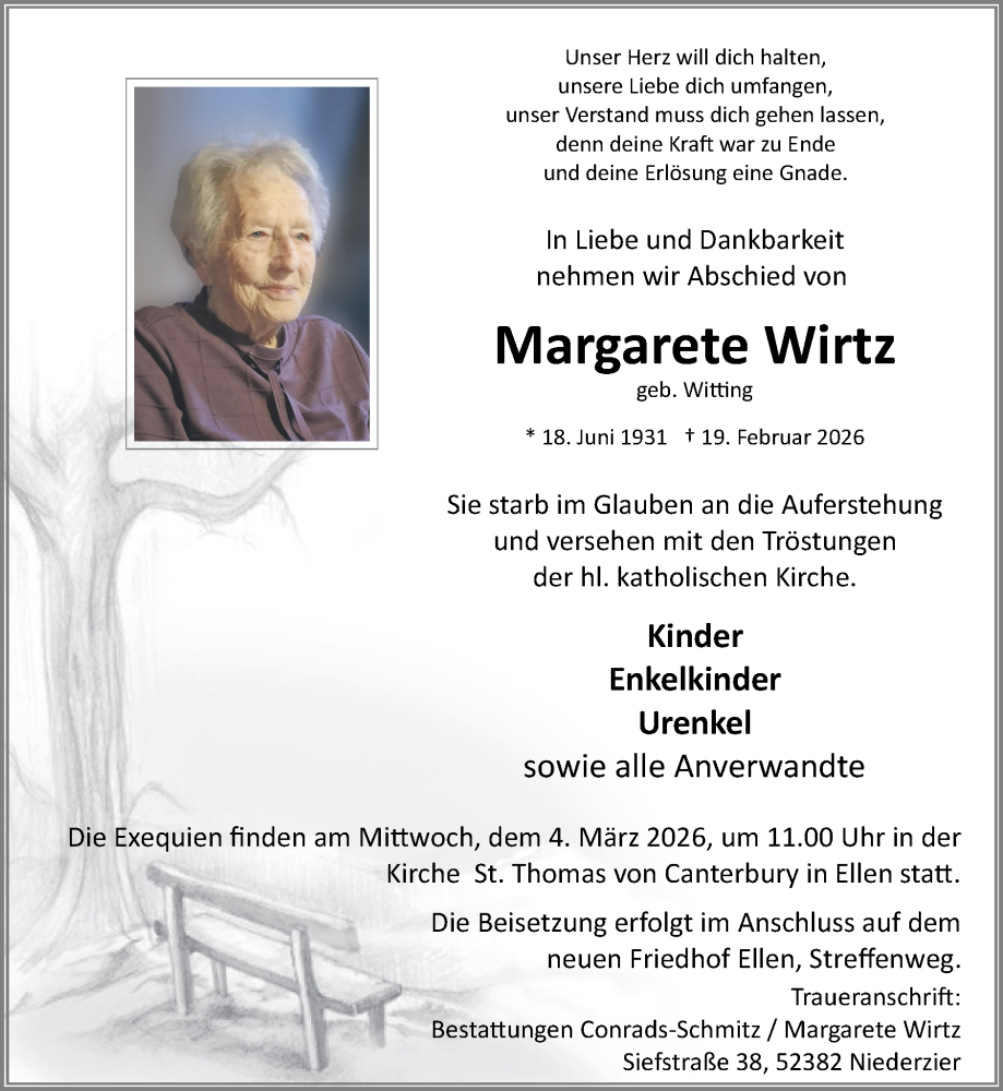  Traueranzeige für Margarete Wirtz vom 01.03.2026 aus Zeitung am Sonntag