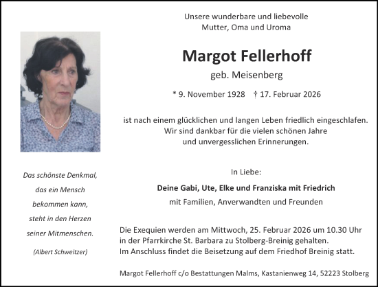 Traueranzeige von Margot Fellerhoff von Aachener Zeitung
