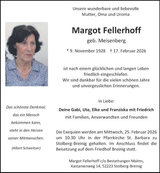 Traueranzeige von Margot Fellerhoff von Zeitung am Sonntag