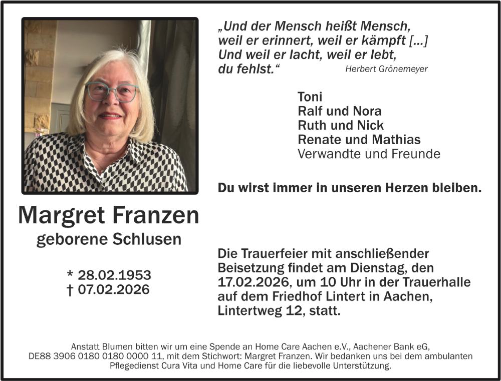  Traueranzeige für Margret Franzen vom 14.02.2026 aus Aachener Zeitung