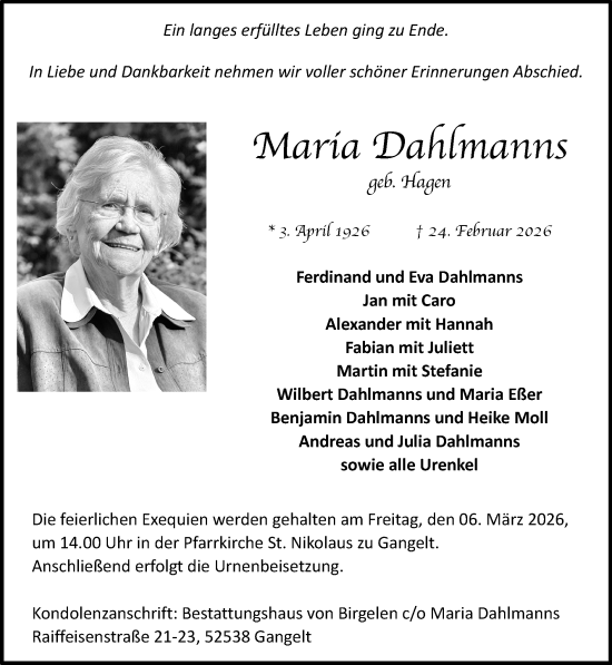 Traueranzeige von Maria Dahlmanns von Zeitung am Sonntag