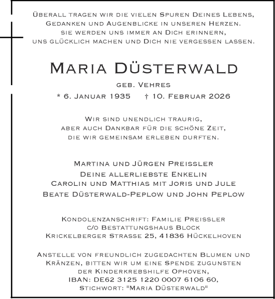 Traueranzeige von Maria Düsterwald von Zeitung am Sonntag