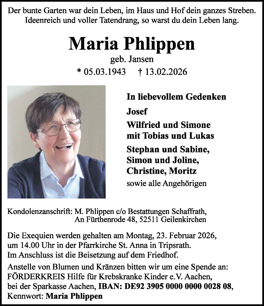  Traueranzeige für Maria Phlippen vom 21.02.2026 aus Aachener Zeitung