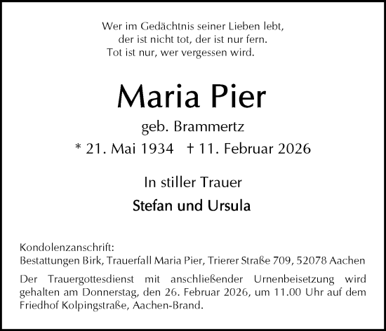 Traueranzeige von Maria Pier von Aachener Zeitung