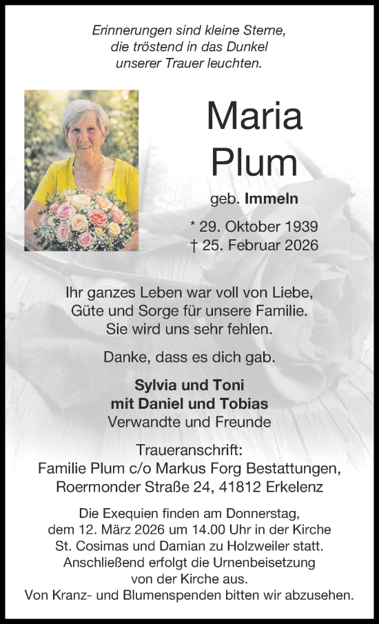 Traueranzeige von Maria Plum von Zeitung am Sonntag