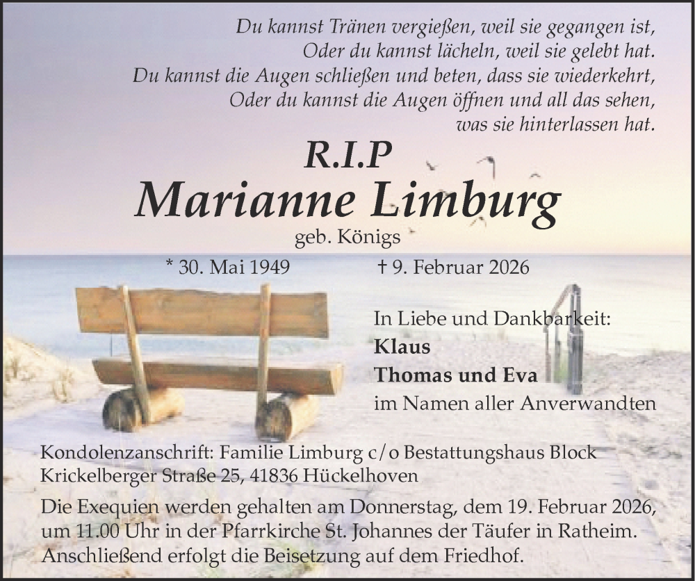  Traueranzeige für Marianne Limburg vom 15.02.2026 aus Zeitung am Sonntag