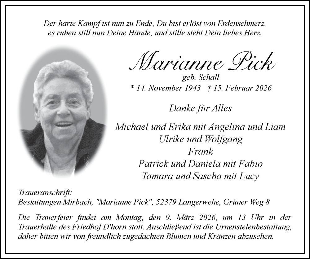  Traueranzeige für Marianne Pick vom 01.03.2026 aus Zeitung am Sonntag
