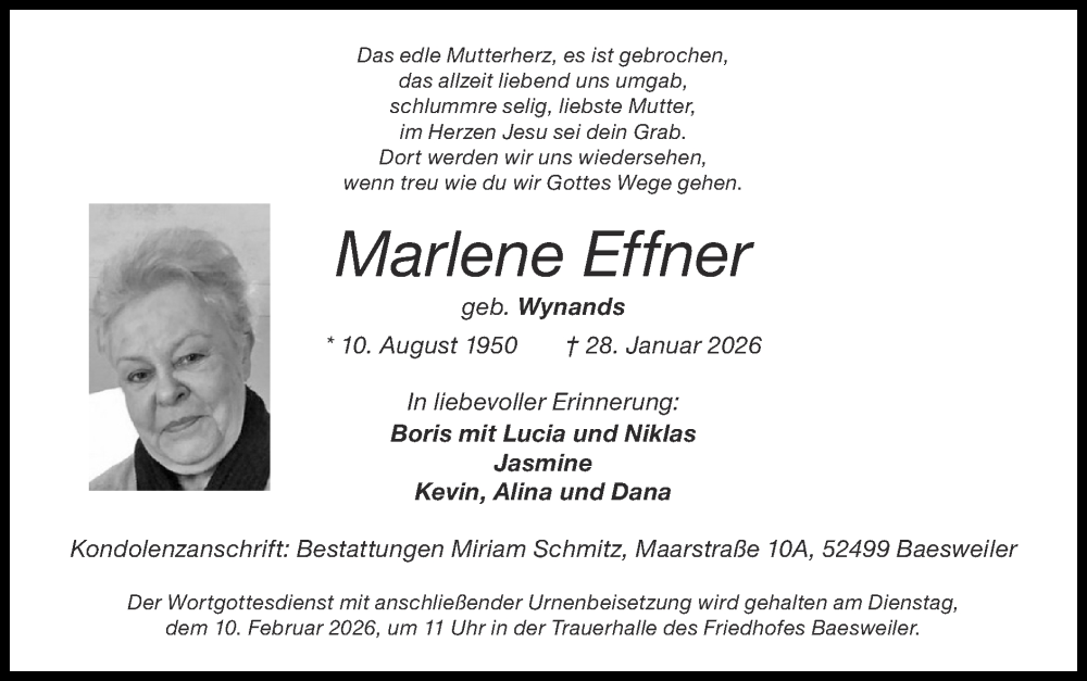  Traueranzeige für Marlene Effner vom 08.02.2026 aus Zeitung am Sonntag