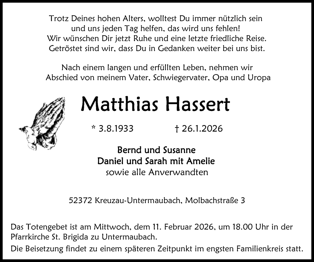  Traueranzeige für Matthias Hassert vom 08.02.2026 aus Zeitung am Sonntag