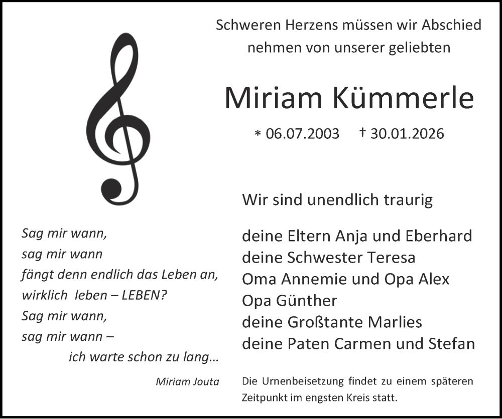  Traueranzeige für Miriam Kümmerle vom 08.02.2026 aus Zeitung am Sonntag