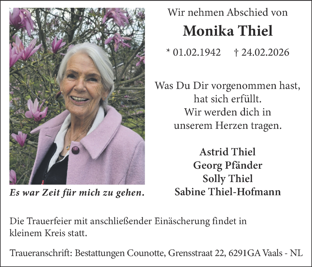  Traueranzeige für Monika Thiel vom 28.02.2026 aus Aachener Zeitung