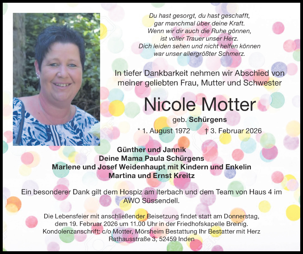  Traueranzeige für Nicole Motter vom 15.02.2026 aus Zeitung am Sonntag