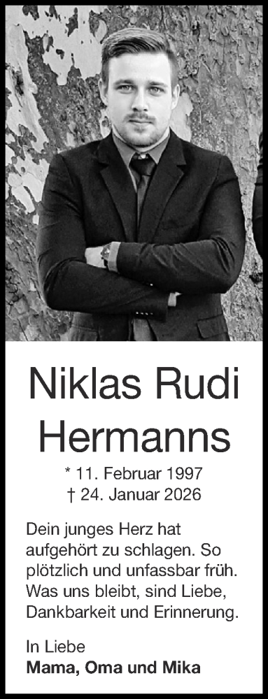  Traueranzeige für Niklas Rudi Hermanns vom 15.02.2026 aus Zeitung am Sonntag