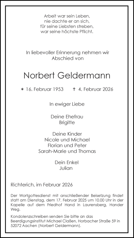  Traueranzeige für Norbert Geldermann vom 14.02.2026 aus Aachener Zeitung